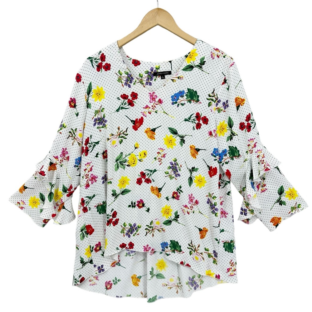 JOHN MARK Blouse Ruffle Sleeve Floral Polka Dot Print Vneck
